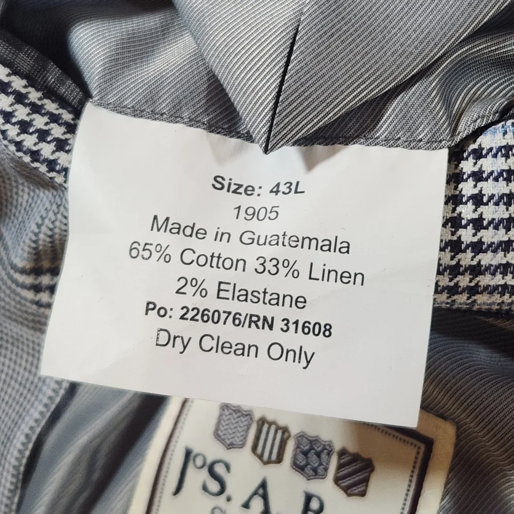 Jos. A. Bank 1905 43L Tailored Fit Blazer Jacket Gray Glen Check Plaid Linen